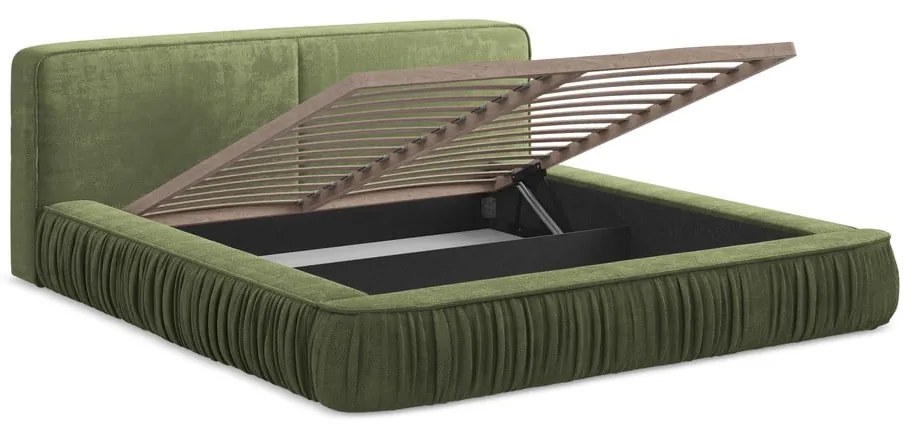 Pat dublu tapițat verde cu spațiu de depozitare cu grilă 140x200 cm Keoni - Makamii