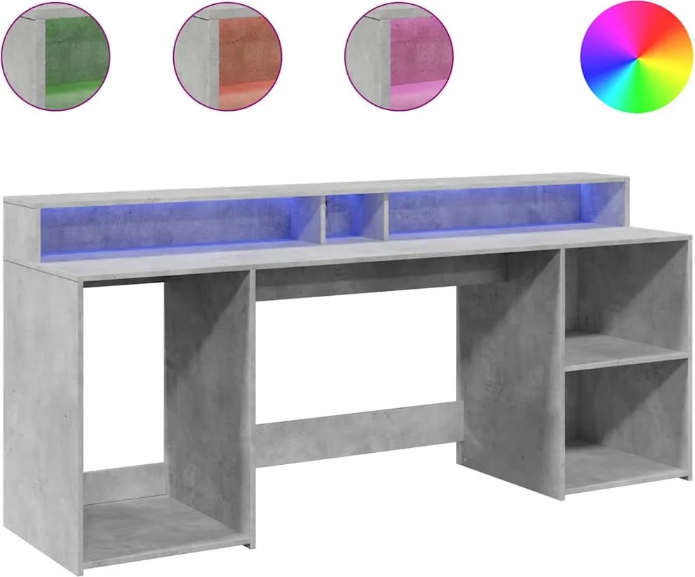 vidaXL Birou cu lumini LED, gri beton, 200x55x91 cm, lemn prelucrat