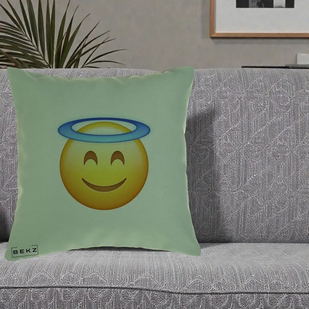 Perna Decorativa Emoji Inger cu Aureola, 40x40 cm, Verde, Husa Detasabila, Perna Inclusa, BEKZ®