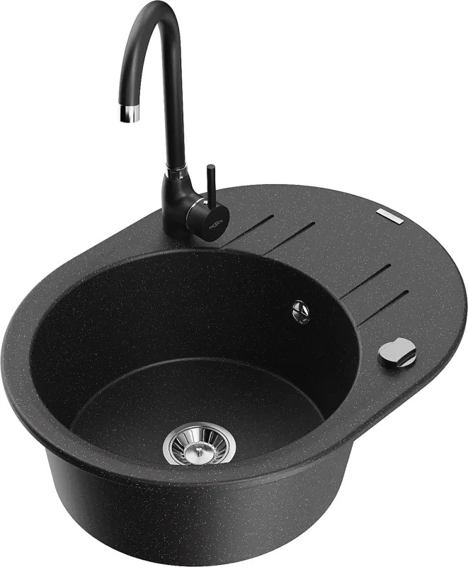 Mexen Kevin chiuvetă granitică cu 1 compartiment cu picurător și baterie de bucătărie Telma, negru/argintiu metalic