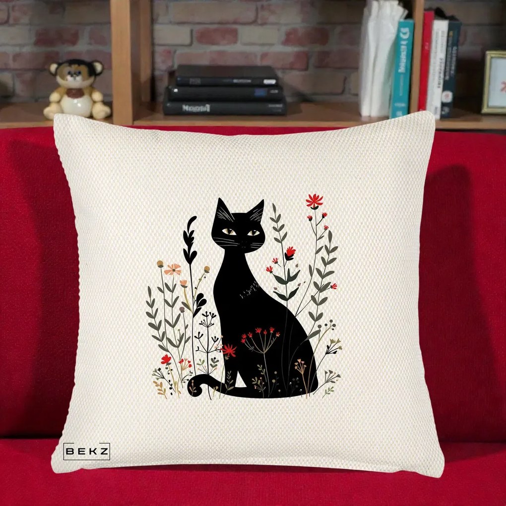 Perna Decorativa Pisica Neagra Botanica Rosu-Gri, 40x40 cm, Crem Reliefat, Husa Detasabila, Perna Inclusa, BEKZ®
