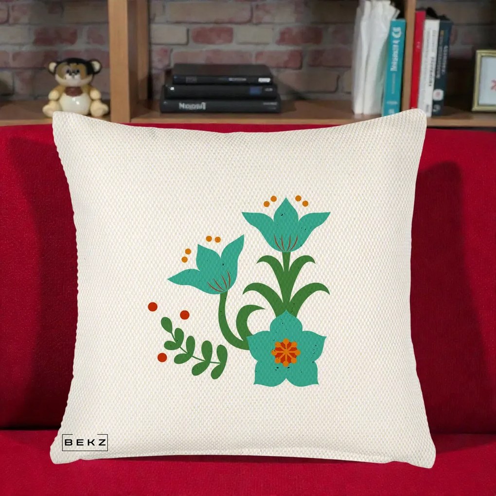 Perna Decorativa Flori Stilizate Folk Turcoaz, 40x40 cm, Crem Reliefat, Husa Detasabila, Perna Inclusa, BEKZ®