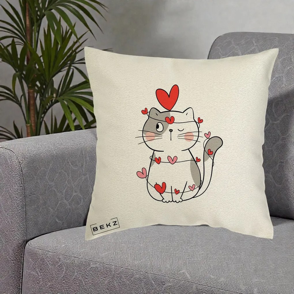 Perna Decorativa Pisica Kawaii cu Inimi, 40x40 cm, Ecru, Husa Detasabila, Perna Inclusa, BEKZ®