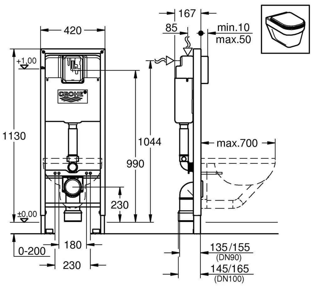 Grohe Rapid SL pentru WC, 1.13 m inaltime de instalare, autoportant