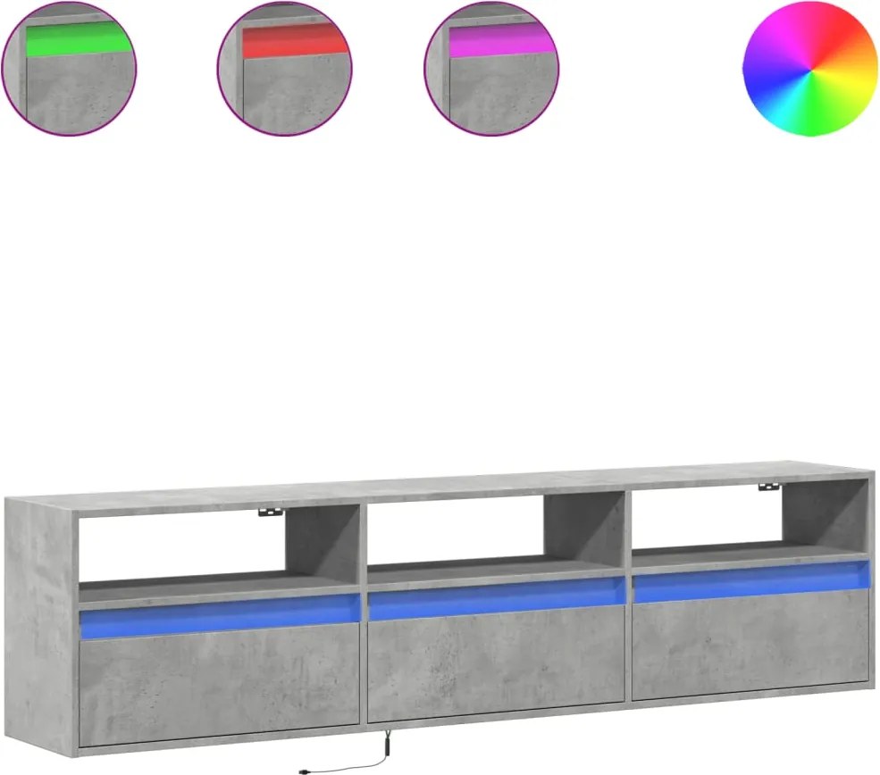 vidaXL Comodă TV de perete cu lumini LED, gri beton, 180x31x45 cm