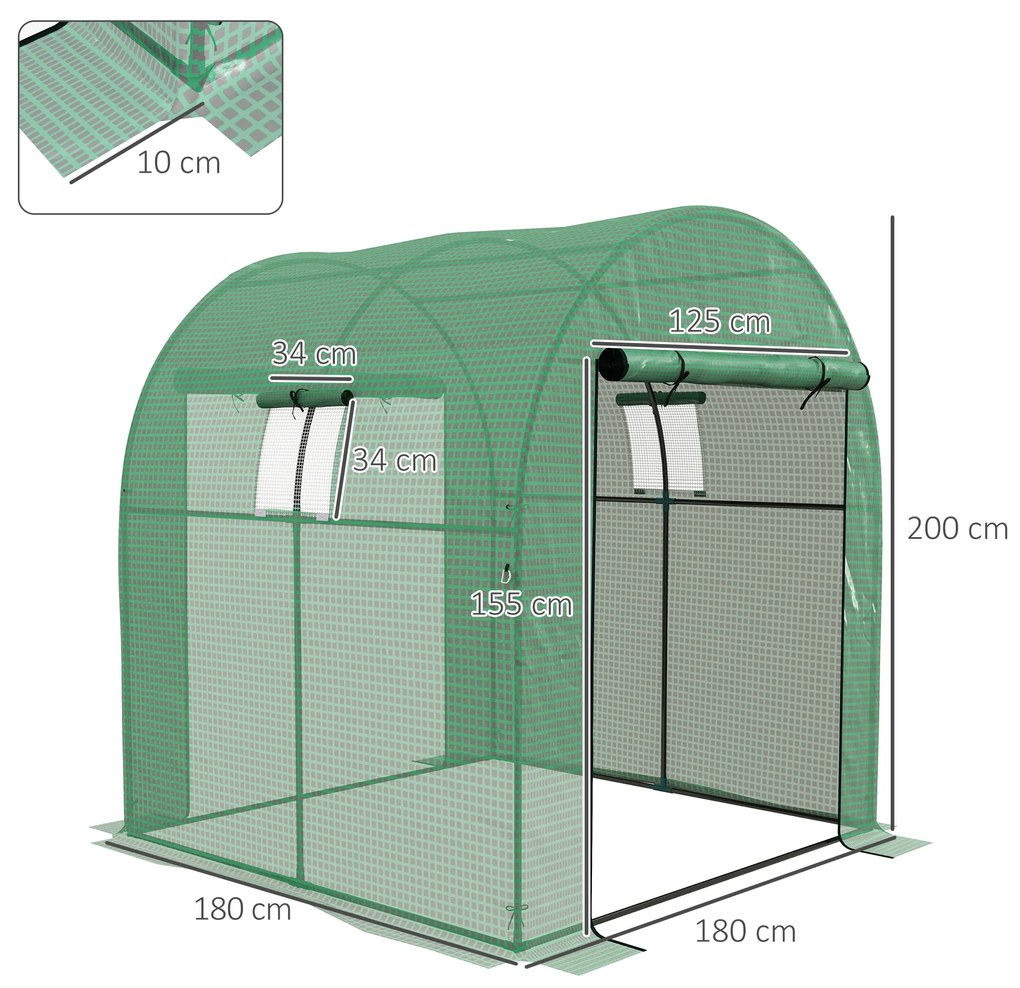 Outsunny Sera Tip Tunel Din Polietilena Cu Usi Si Ferestre Din Plasa, Cort Pentru Casa Cu Capac Din PE Rezistent UV Si Cadru De Otel, Verde 1,8x1,8x2m