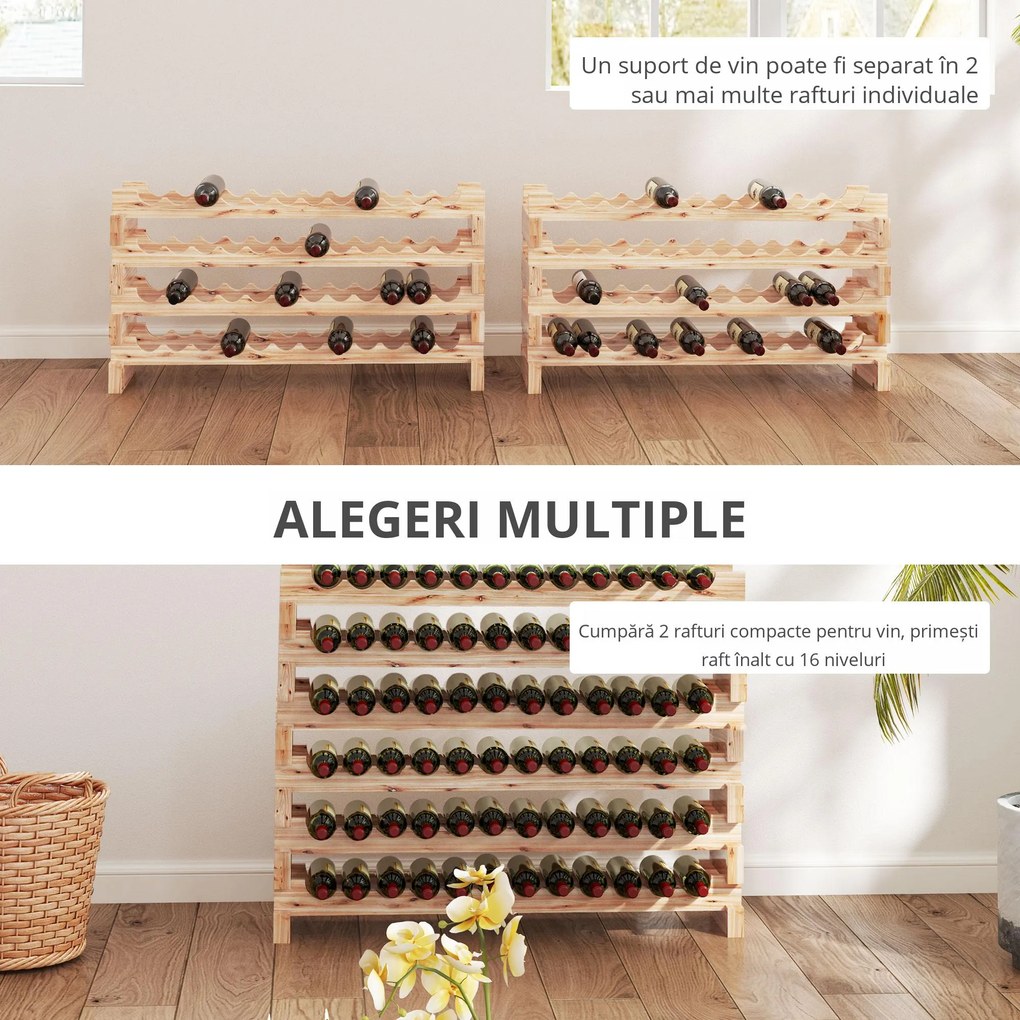 HOMCOM Raft din Lemn de Molid, Dulap pentru 96 Sticle cu 8 Rafturi, Greutate Maximă 100 kg, 114x28x113,5 cm, Lemn Natural | Aosom Romania