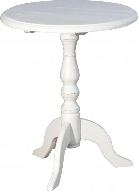 Măsuță de cafea rotundă din lemn masiv, alb, cu picior central strunjit și trei picioare curbate, finisaj patinat, 73 x 61 cm, „Pedestal”
