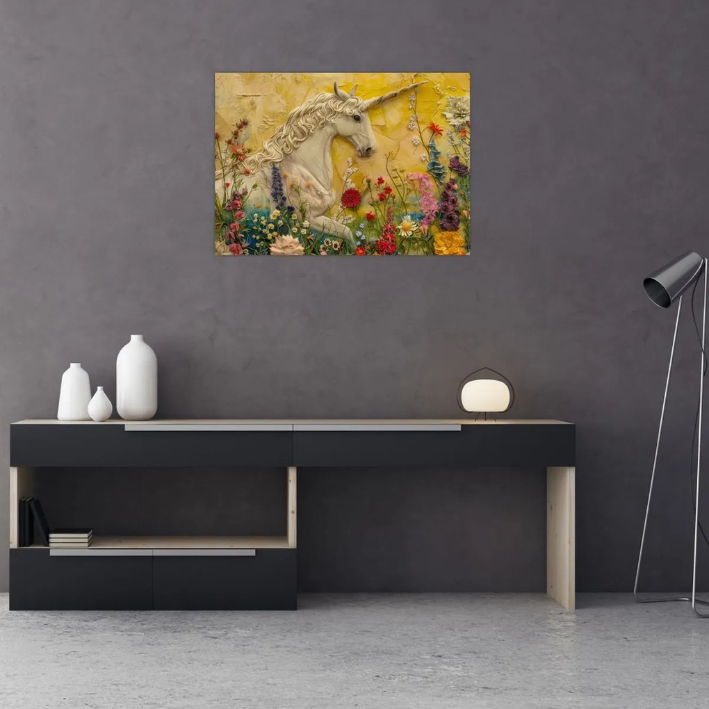 Tablou pe sticlă - Unicorn cu flori (70x50 cm)