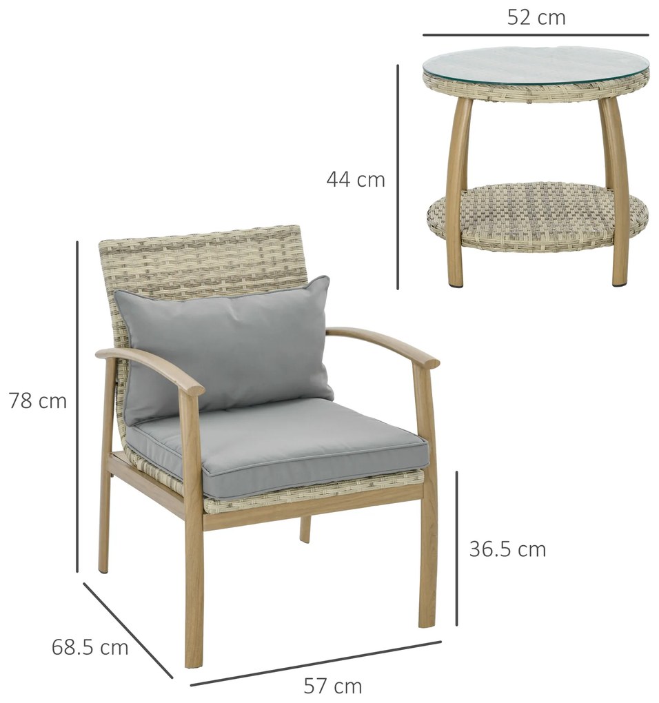 Outsunny Set Mobilier Terasă 3 Piese din Răchită, Salon Exterior cu Perne Moi și Masă de Cafea din Sticlă Securizată, Confortabil | Aosom Romania