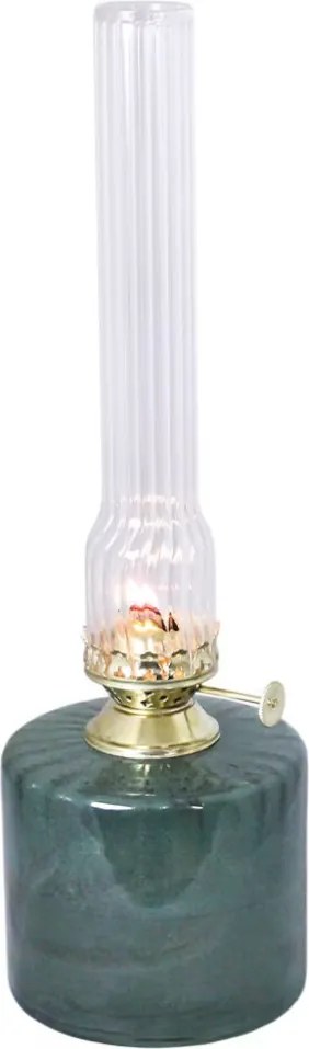 Lampă cu petrol din sticlă reciclată cu model în relief, verde, arzător din alamă, mare, Ø 10 x H 30 cm, „Elvira"