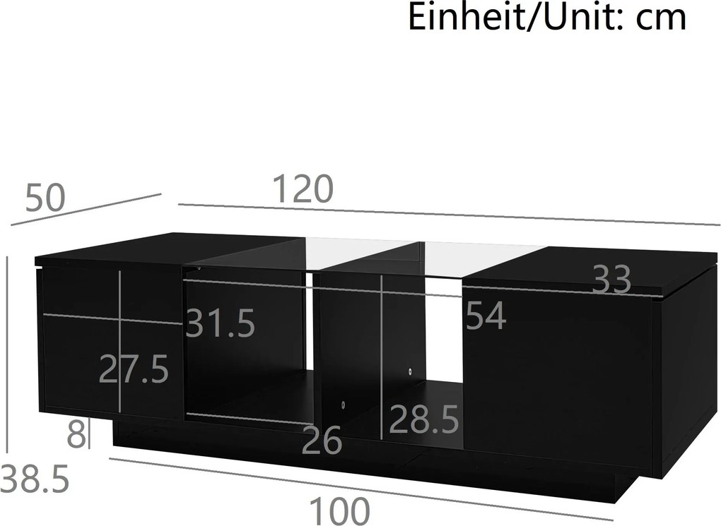 Masă de cafea cu iluminare LED, blat de masă lucios, spațiu de depozitare generos, 120x50x38,5 cm, Negru