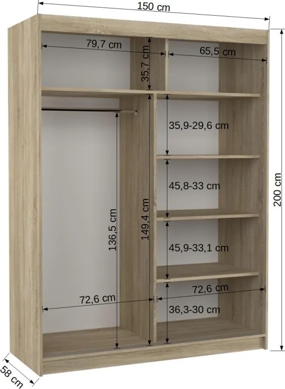Dulap cu usi glisante 150x215 cm, Denver, ADRK Furniture (Culoare: Trufă)