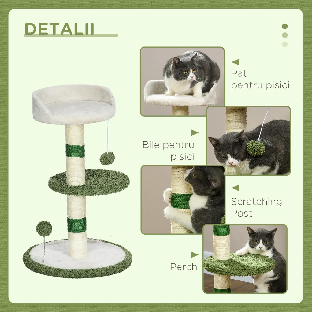 PawHut Ansamblu de joacă pentru pisici cu culcuș pentru pisici, 2 bile, platformă și stâlp din sisal, verde și alb | Aosom Romania