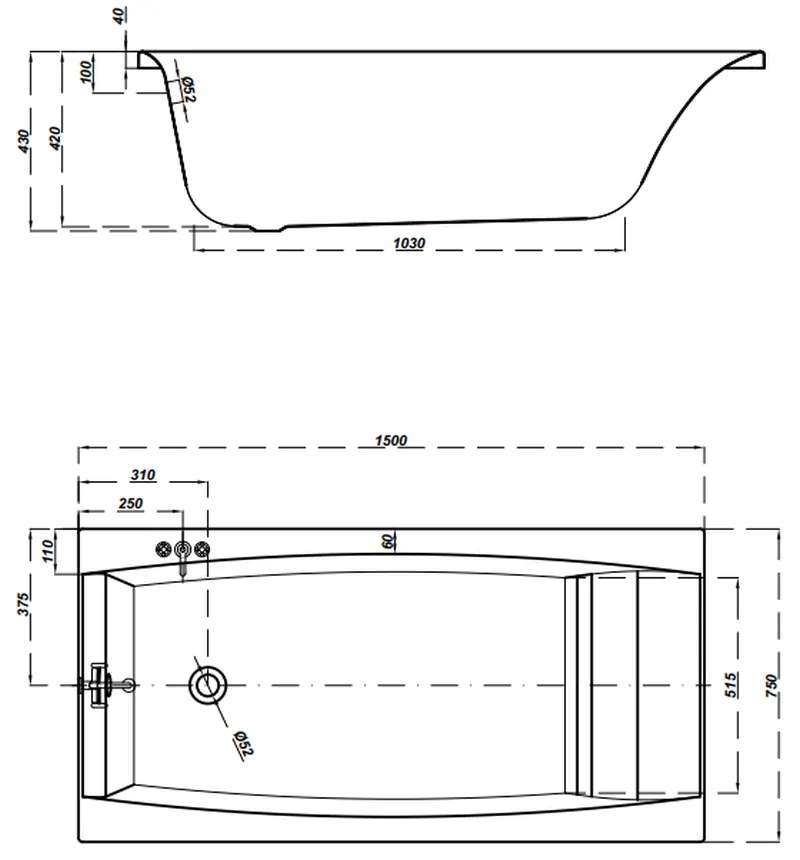 Cada baie incastrata Cersanit Virgo, 150 x 75 cm, dreptunghiulara, alb lucios 1500x750 mm