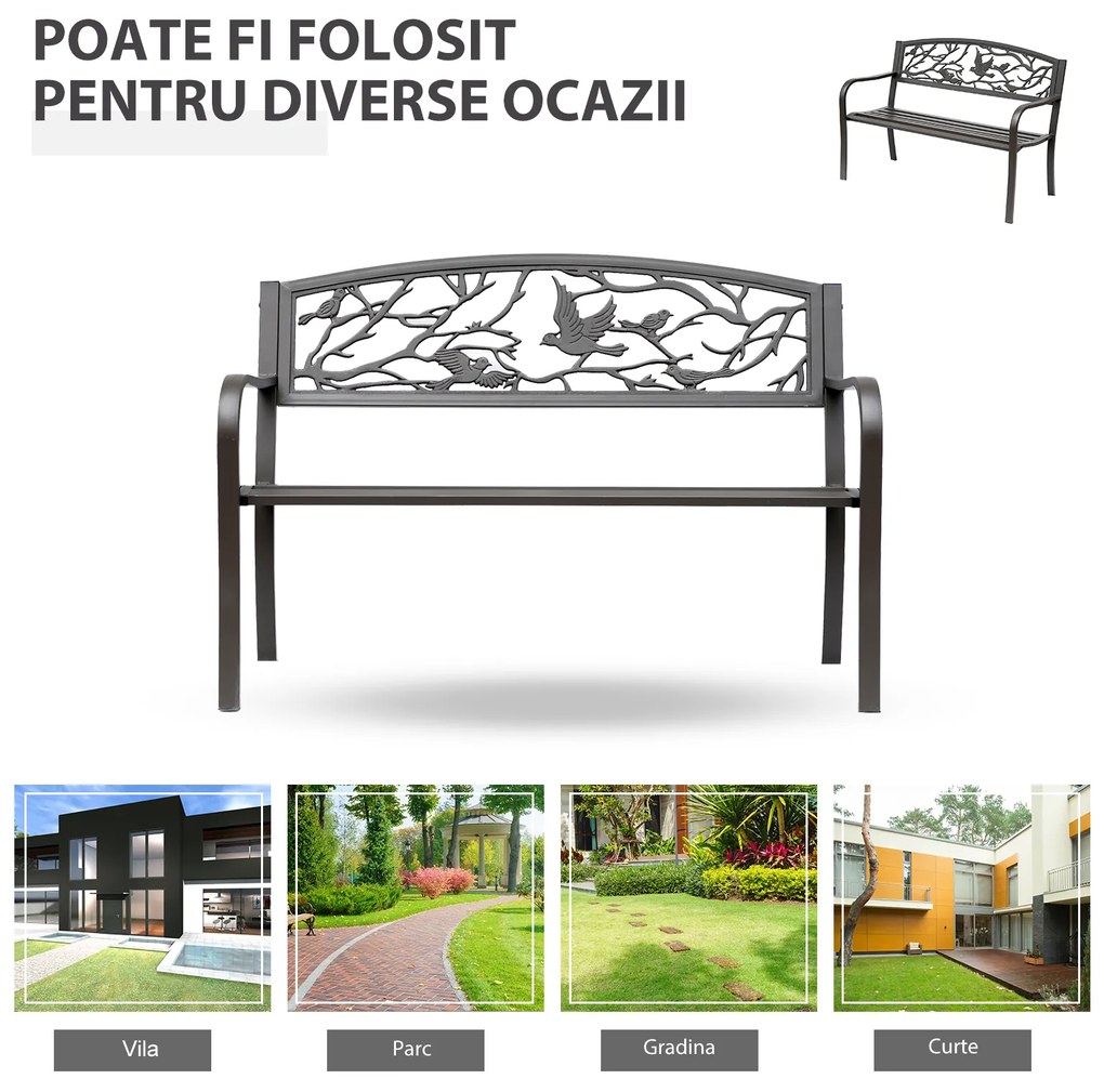 Banca de Exterior din Fonta cu Spatar Outsunny cu Decoratiuni, Maro 127x60cm | Aosom Romania