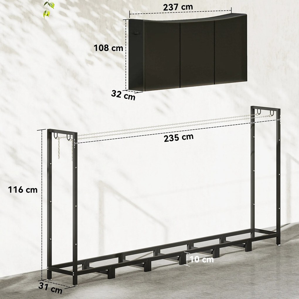 Outsunny Suport de Lemne pentru Exterior din Oțel, cu Acoperire Impermeabilă Oxford 600D, Structură Reglabilă și Lanțuri Metalice, Suport de Lemne Ridicat, 0.8m³, 235x31x116 cm, Negru | Aosom Romania