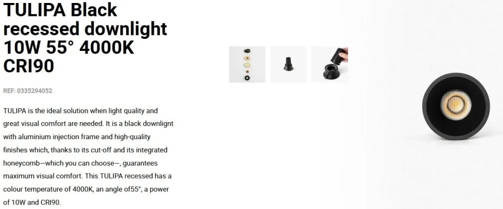 Spot LED incastrabil TULIPA Black recessed downlight 10W 55° 4000K CRI90