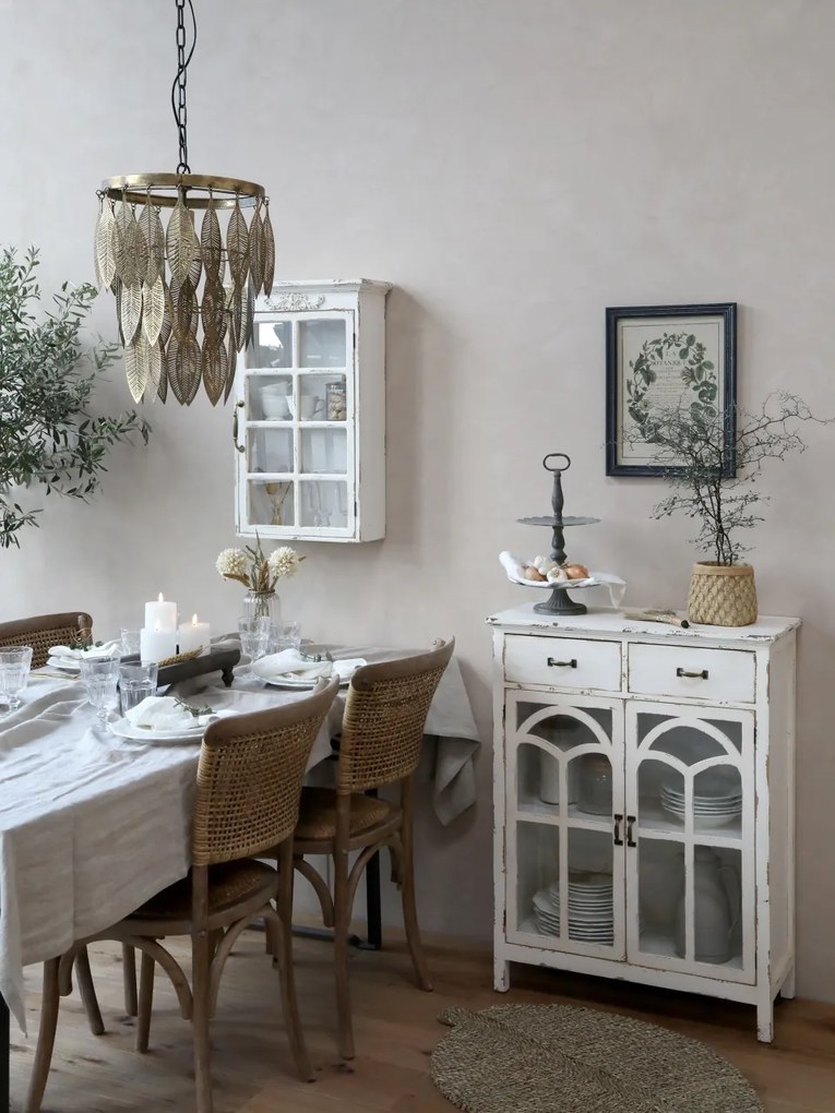 Scaun dining împletit vintage din lemn de hevea și ratan, bej, cu spătar curbat și arcuri din lemn sub șezut, finisaj patinat, 88 x 40 x 45 cm