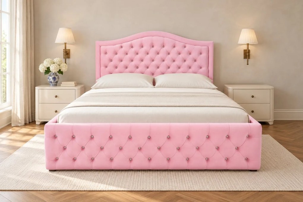 Pat tapițat Chesterfield din catifea Solaria Deluxe Cristal 120×200 cm, roz, cu ladă de depozitare