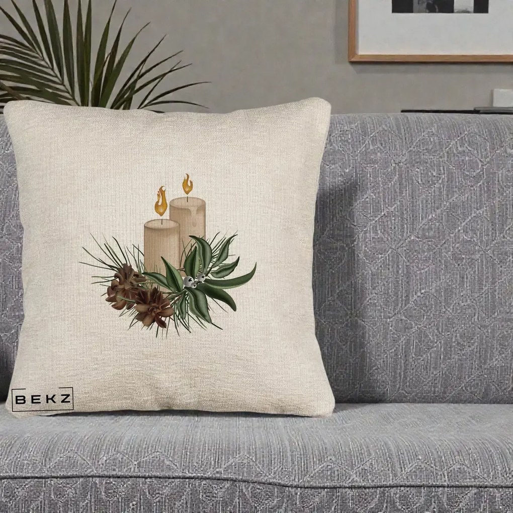 Perna Decorativa Lumanari cu Ilex si Conuri Ilustratie, 40x40 cm, Bej Canapea, Husa Detasabila, Perna Inclusa, BEKZ®