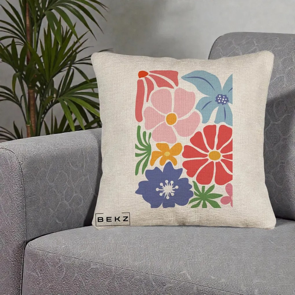 Perna Decorativa Flori Grafice Roz-Rosu-Albastru, 40x40 cm, Bej Canapea, Husa Detasabila, Perna Inclusa, BEKZ®
