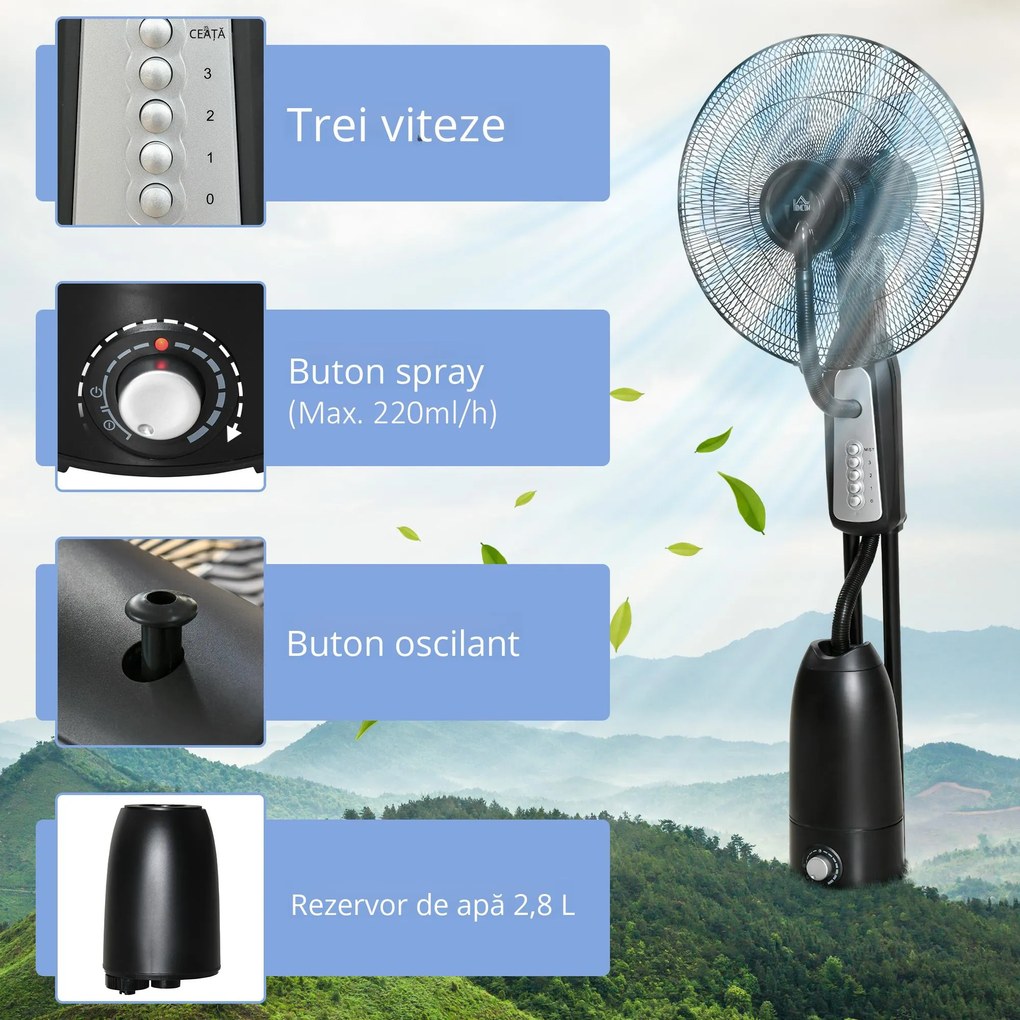 HOMCOM Ventilator Nebulizator cu 4 Roți, cu Rezervor 2.8L și 4 Viteze, Ventilator de Podea Metalic, PE și ABS, 44.5x44.5x120 cm, Negru