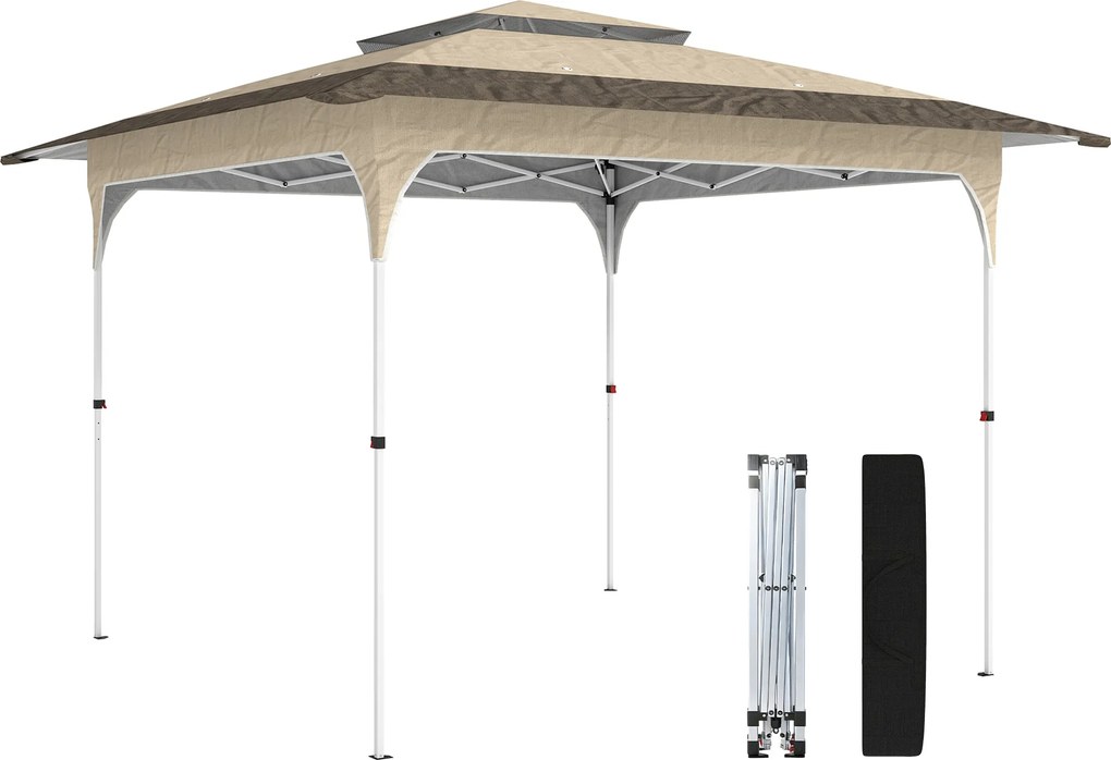 Outsunny Cort pliant 3,5x3,5 m Pop-up cu înălțime reglabilă pe 3 niveluri Acoperiș dublu Închidere centrală și husă UPF50+ Kaki | Aosom Romania