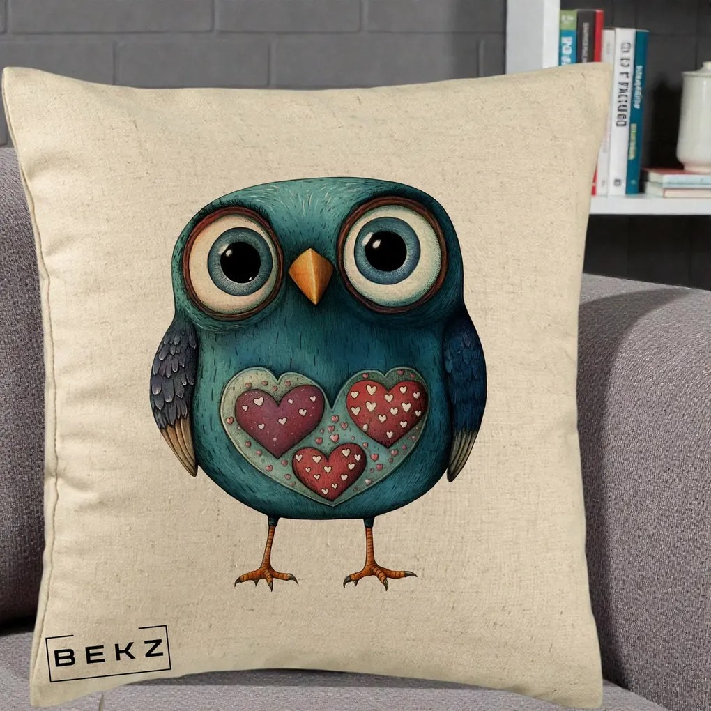 Perna Decorativa Bufnita Teal cu Doua Inimi, 40x40 cm, Bej, Husa Detasabila, Perna Inclusa, BEKZ®