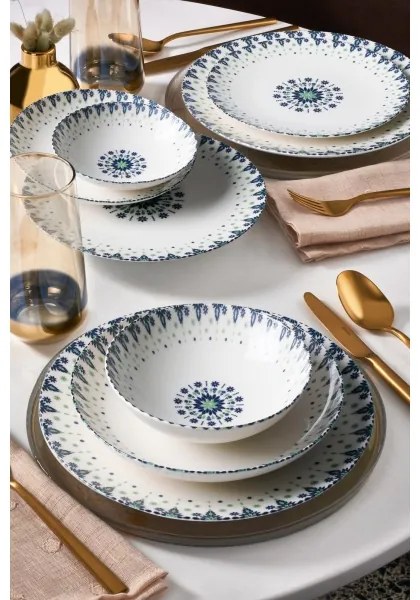 Set de masă din porțelan, 24 piese, alb/albastru