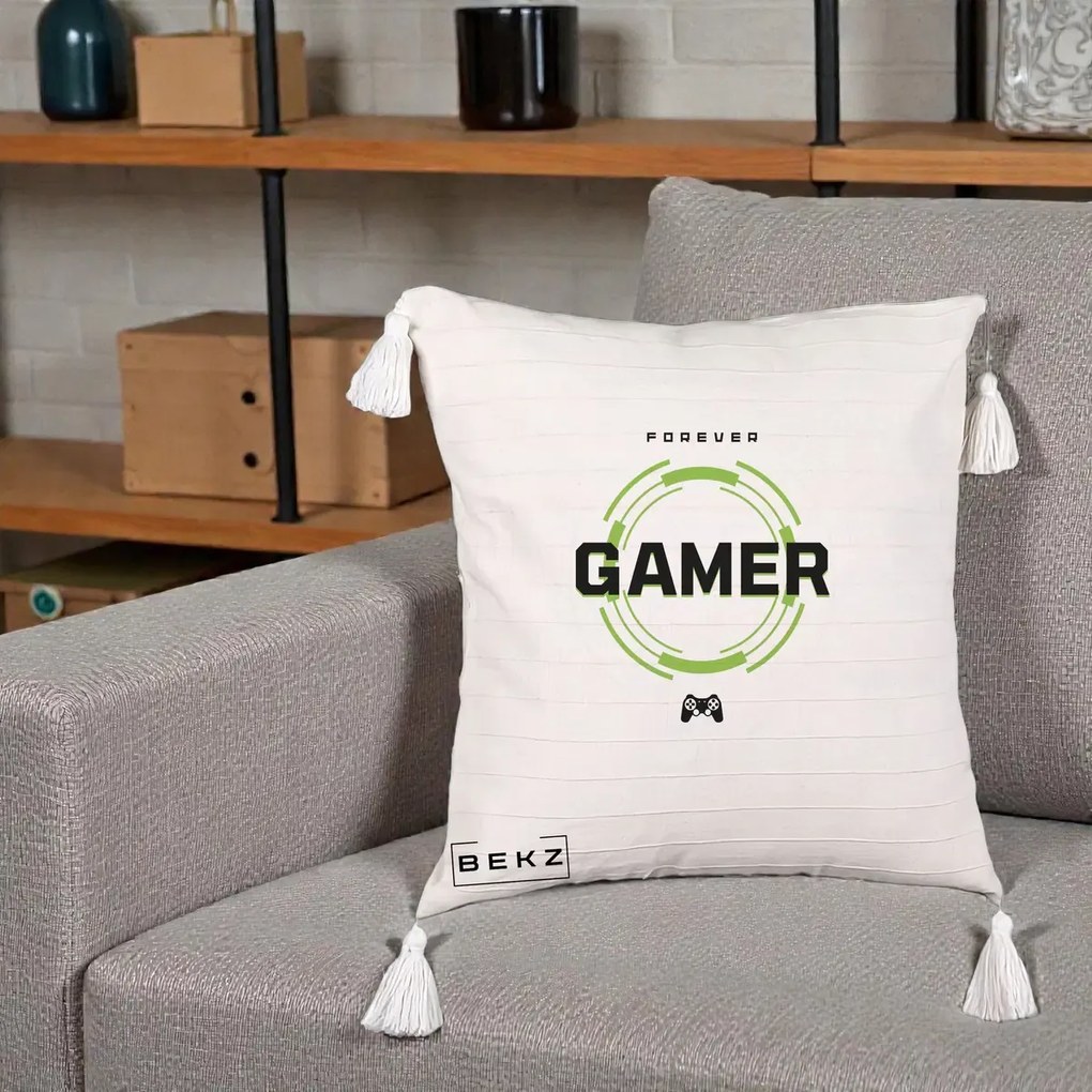 Perna Personalizata Forever Gamer, 40x40 cm, Bej cu Franjuri, Husa Detasabila, Perna Inclusa, BEKZ®