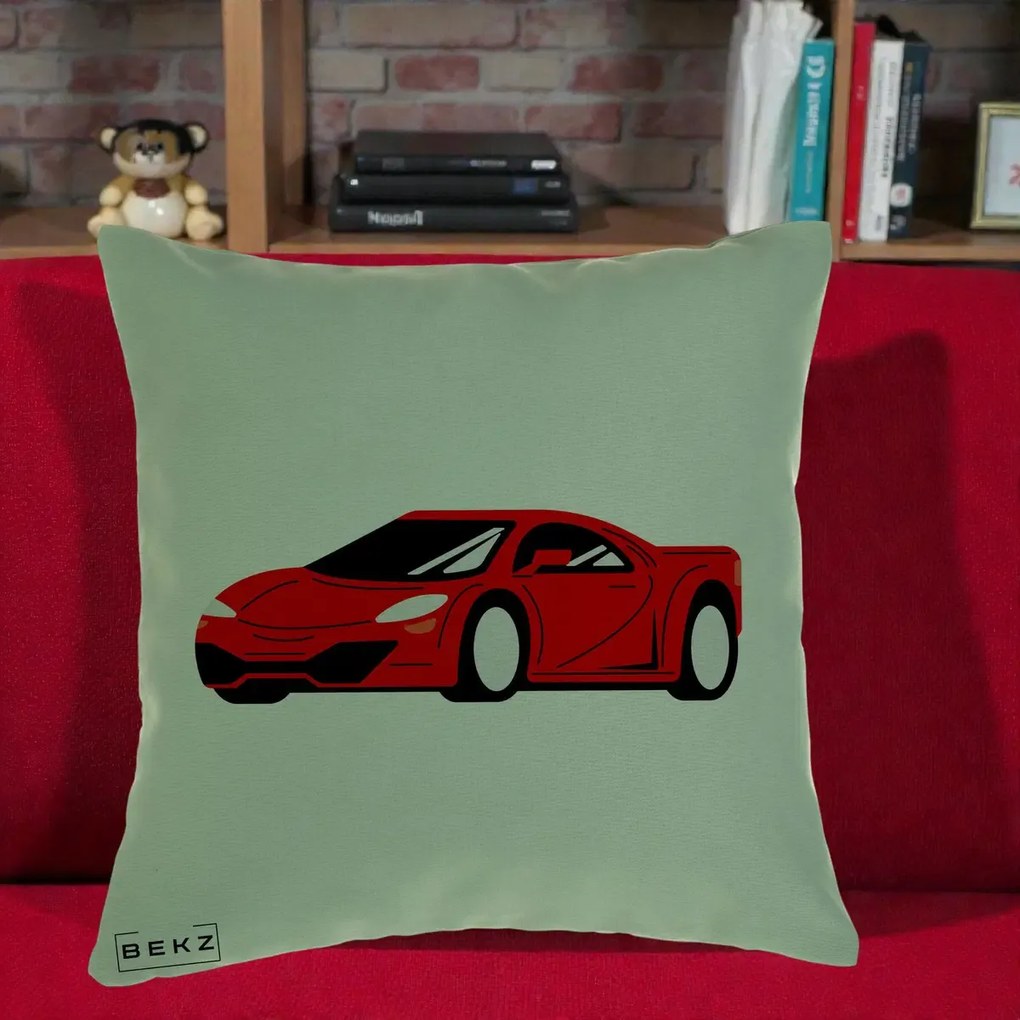 Perna Personalizata Masina Sport Rosie Grafic, 40x40 cm, Verde, Husa Detasabila, Perna Inclusa, BEKZ®