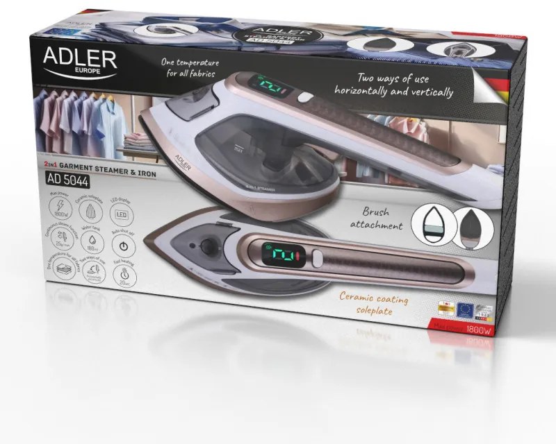 Fier de calcat cu aburi 2in1 Adler AD 5044, 1800W, 180ml, 25g/min, Placă ceramica, Afisaj LED, Calcare verticala si orizontală, Alb/Galben