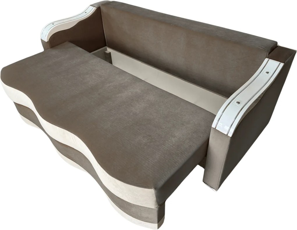 Canapea DIANA extensibila, 3 locuri, cu lada de depozitare, catifea maro cappuccino si crem , 220x100x80 Maro Cappuccino + Crem, Catifea