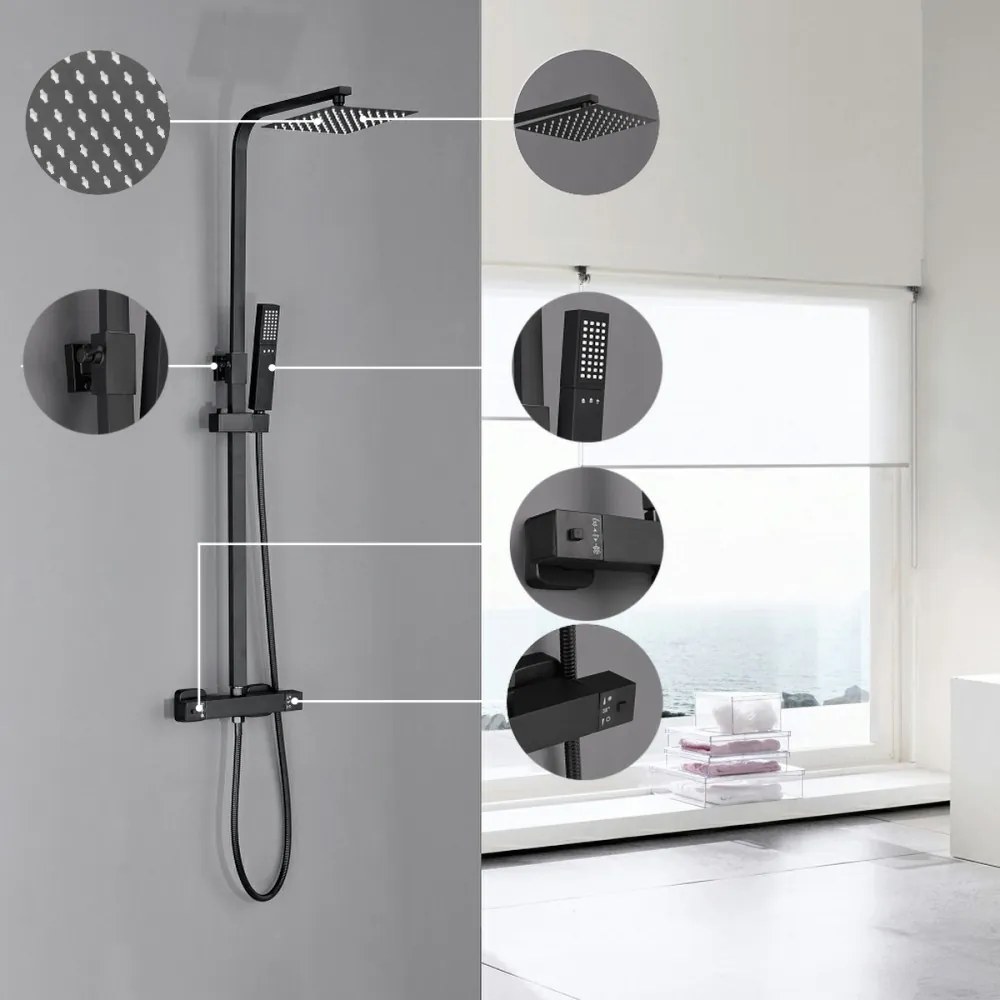 Set de duș Mazama Black cu baterie termostatică