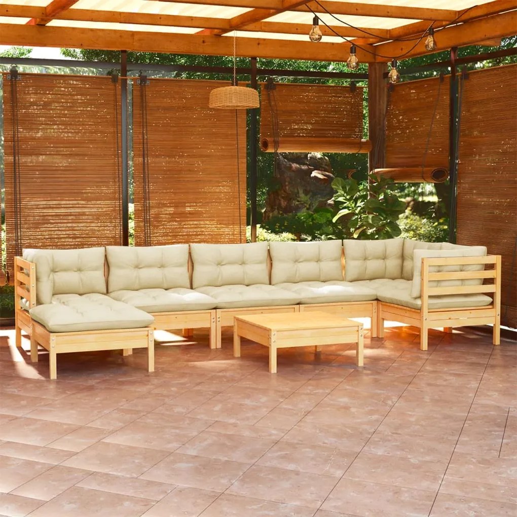 3096556 vidaXL Set mobilier de grădină cu perne crem, 8 piese, lemn masiv pin