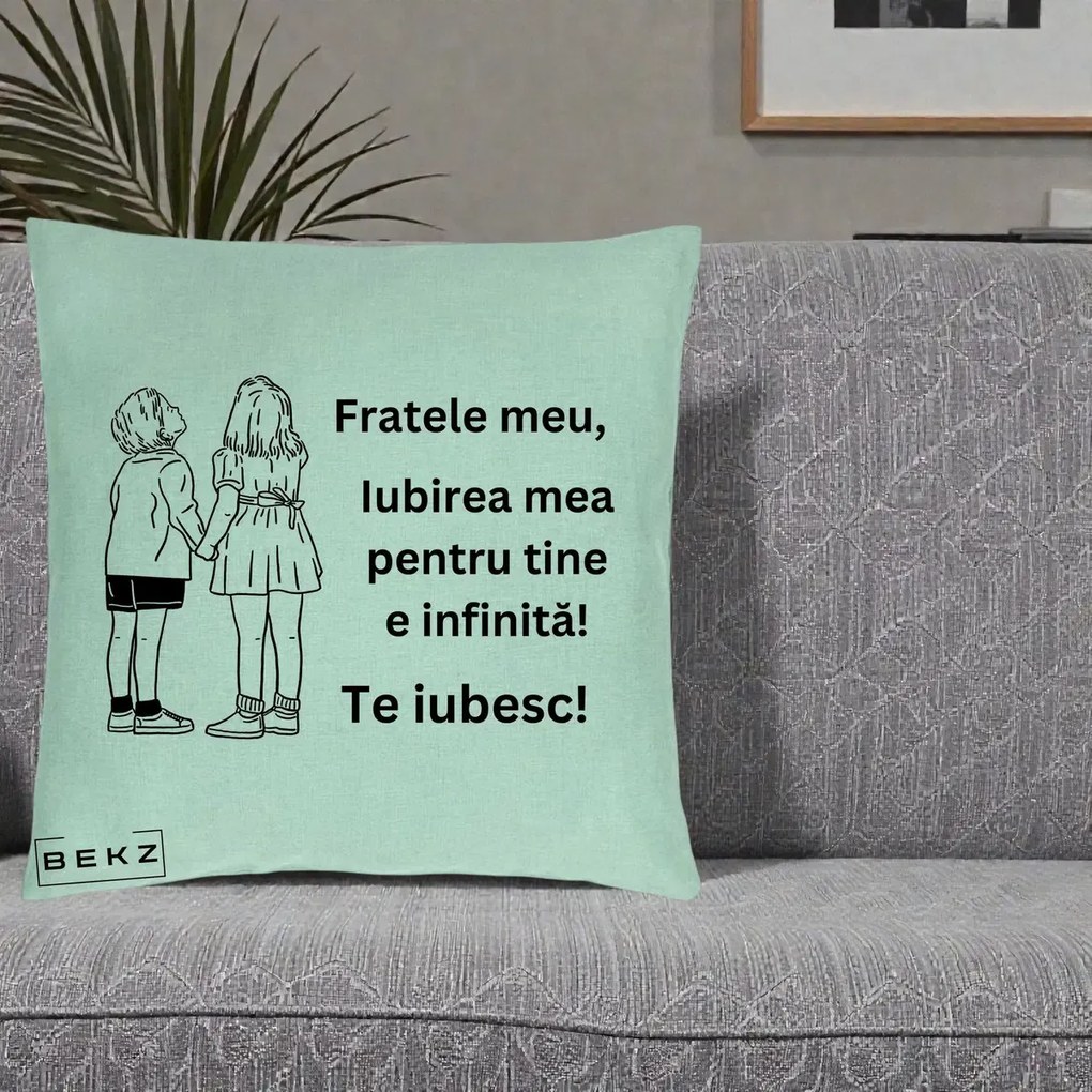 Cadou pentru Frate - Perna Personalizata Fratele Meu Te Iubesc Copii Tinand Maini Line Art, 40x40 cm, Verde Menta, Husa Detasabila, Perna Inclusa, BEKZ®