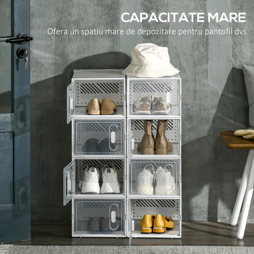 HOMCOM Pantofar Modular cu 8 Cuburi de Depozitare și Uși Magnetice, Cuburi din PP, 25x35x19 cm, Alb și Transparent | Aosom Romania