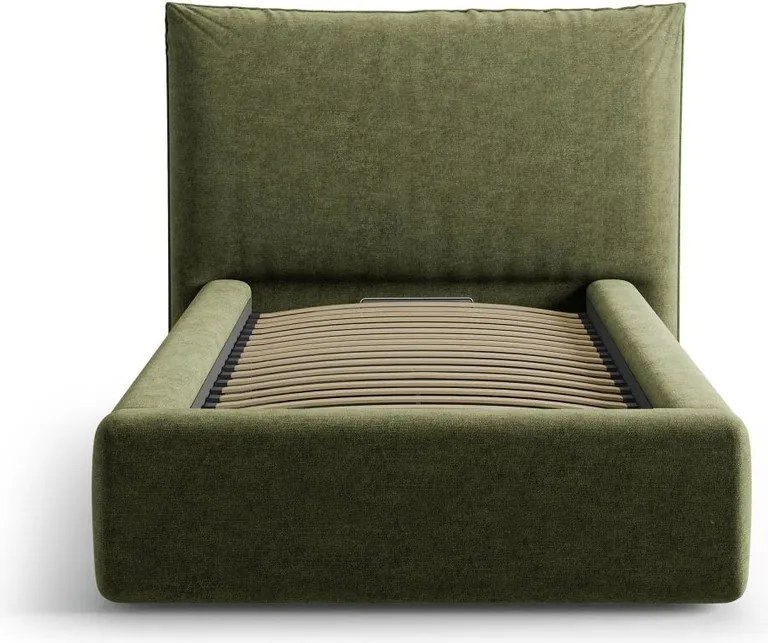 Pat verde tapițat cu spațiu de depozitare cu somieră 90x200 cm Kaelle – Micadoni