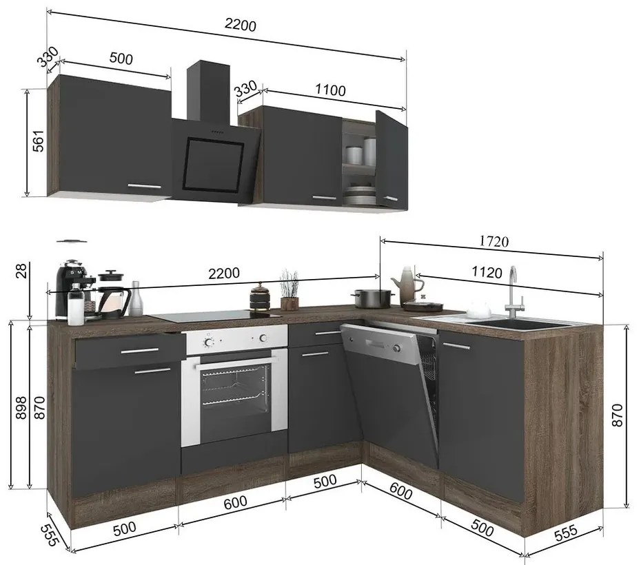 Mobilă de bucătărie de colț Yorki 220, corp din stejar Yorki, față antracit satinat cu element inferior al cuptorului