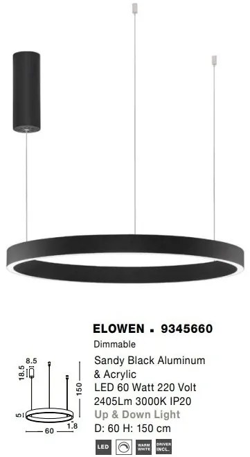 Lustra LED design circular cu iluminat sus si jos ELOWEN negru, diametru 60cm