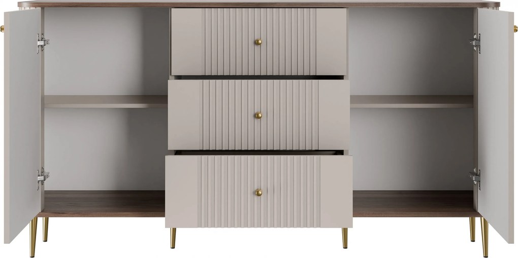 Comodă cu sertare Vesper 160 cm pe picioare - cașmir / nuc / picioare aurii
