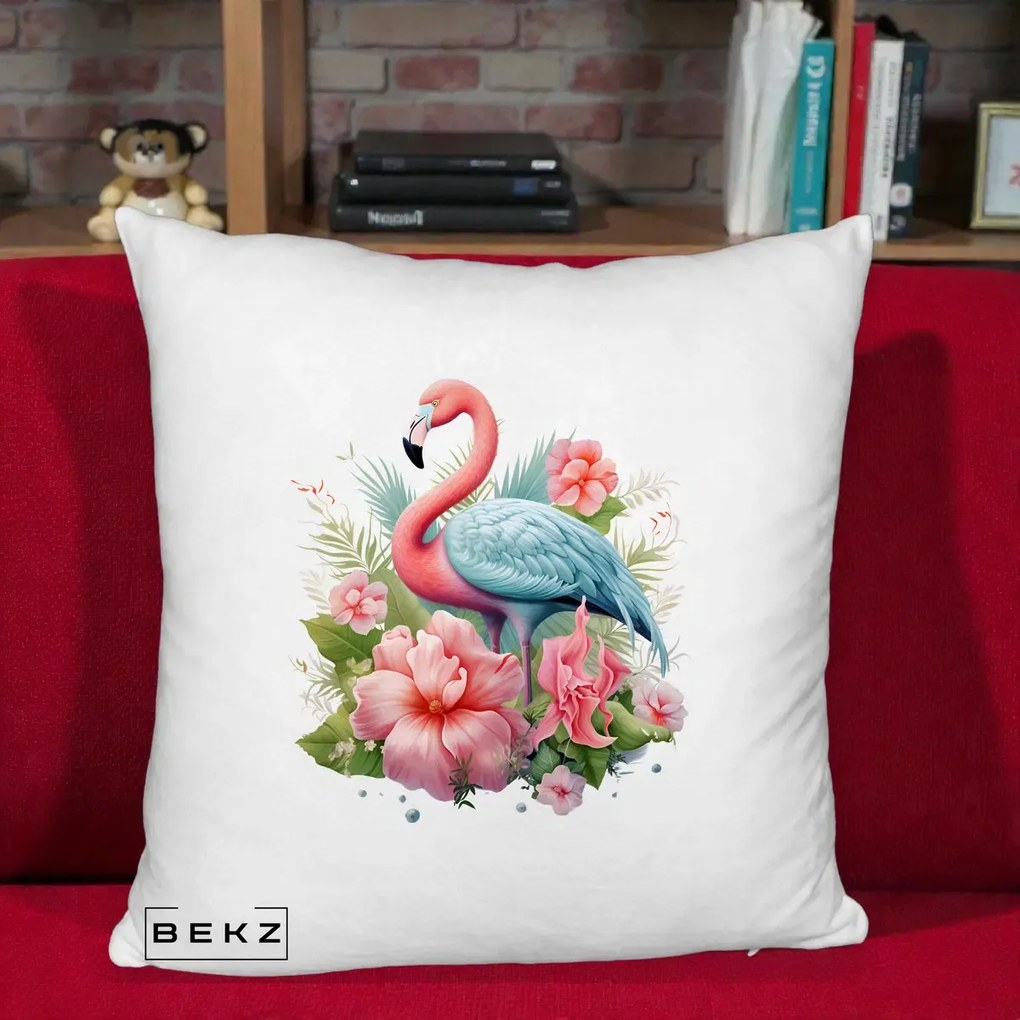 Perna Decorativa Flamingo cu Hibiscus Tropical, 40x40 cm, Alb Pufos, Husa Detasabila, Perna Inclusa, BEKZ®