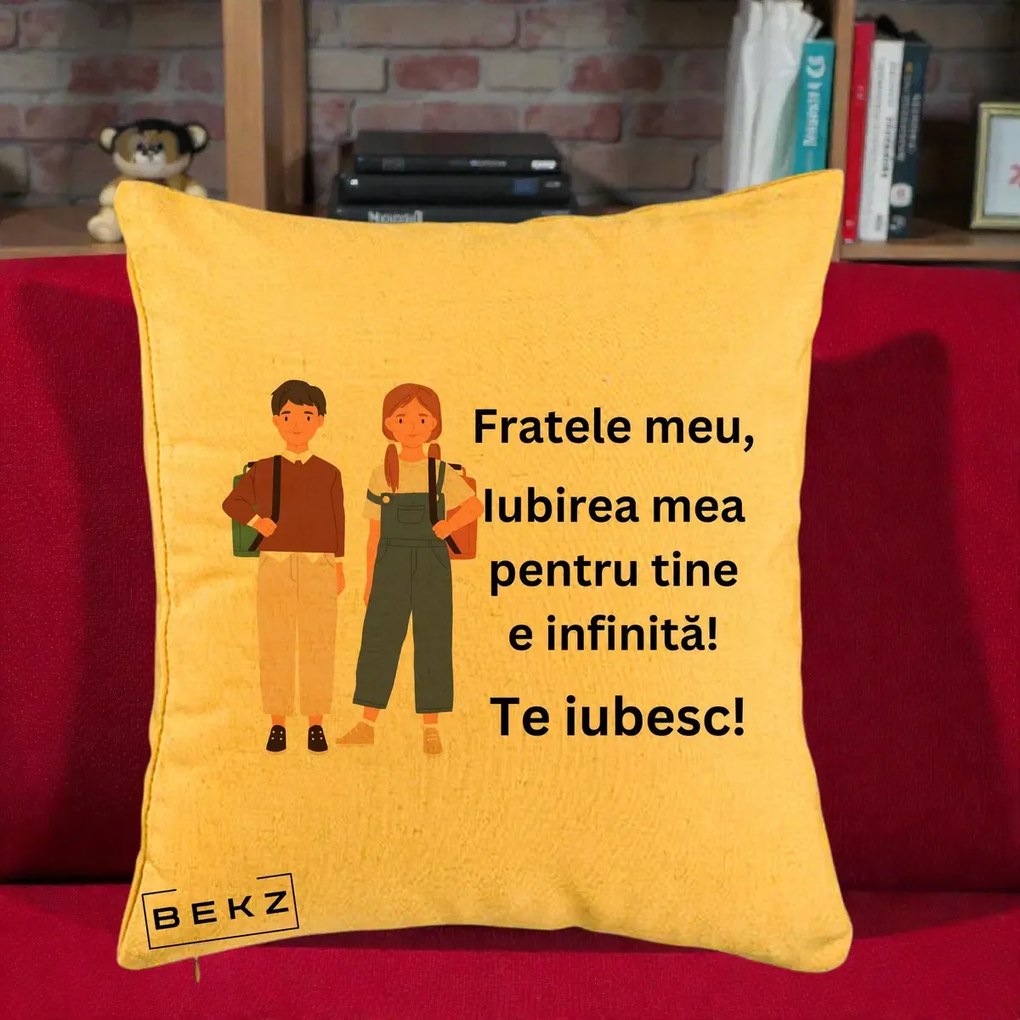 Cadou pentru Frate - Perna Personalizata Fratele Meu Te Iubesc Elevi Ilustratie Colorata, 40x40 cm, Galben, Husa Detasabila, Perna Inclusa, BEKZ®