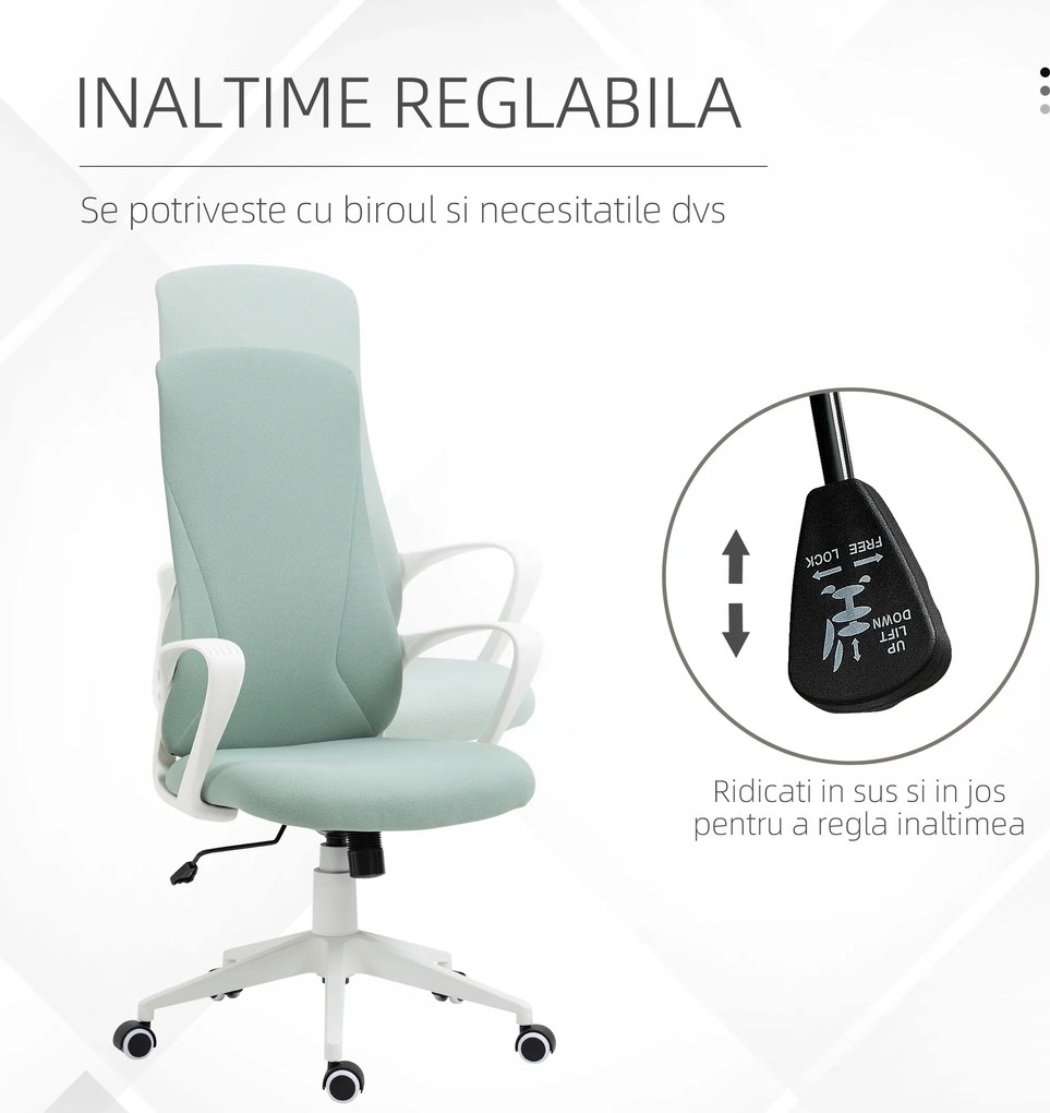 Vinsetto Scaun de birou ergonomic, cu înălțime ajustabilă și balans, 62x56x110-119,5 cm, verde | Aosom Romania