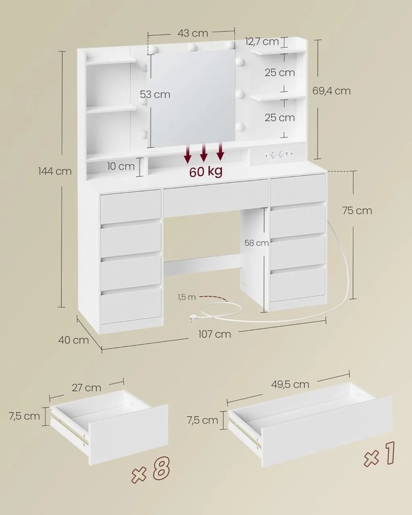 Masuta machiaj cu Oglinda LED si 9 Sertare pentru Cosmetice, Set Masa toaleta 107 cm, Alb, masuta cosmetica, vanity - SEA15