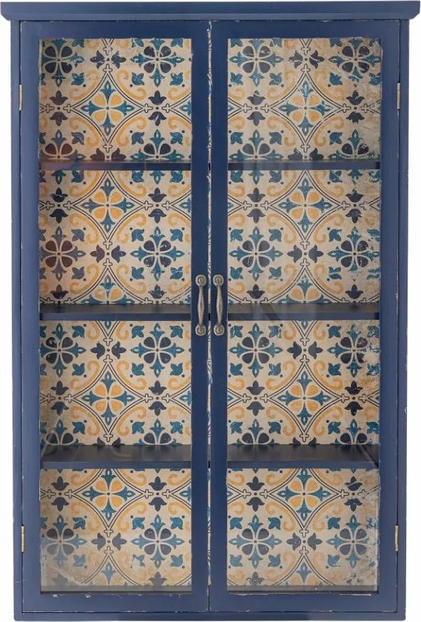 Vitrină de perete vintage mediteraneană din lemn, albastru, cu 2 uși vitrate, 3 rafturi și spate imprimat, 122 x 81 x 22 cm, „Hazem”
