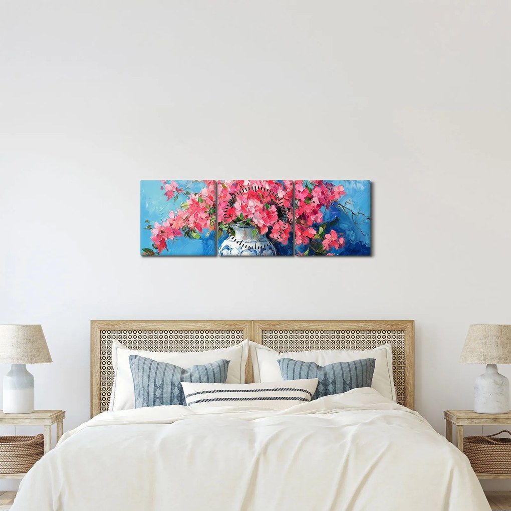 Tablou - Vază cu flori roz (cu ceas) (90x30 cm)