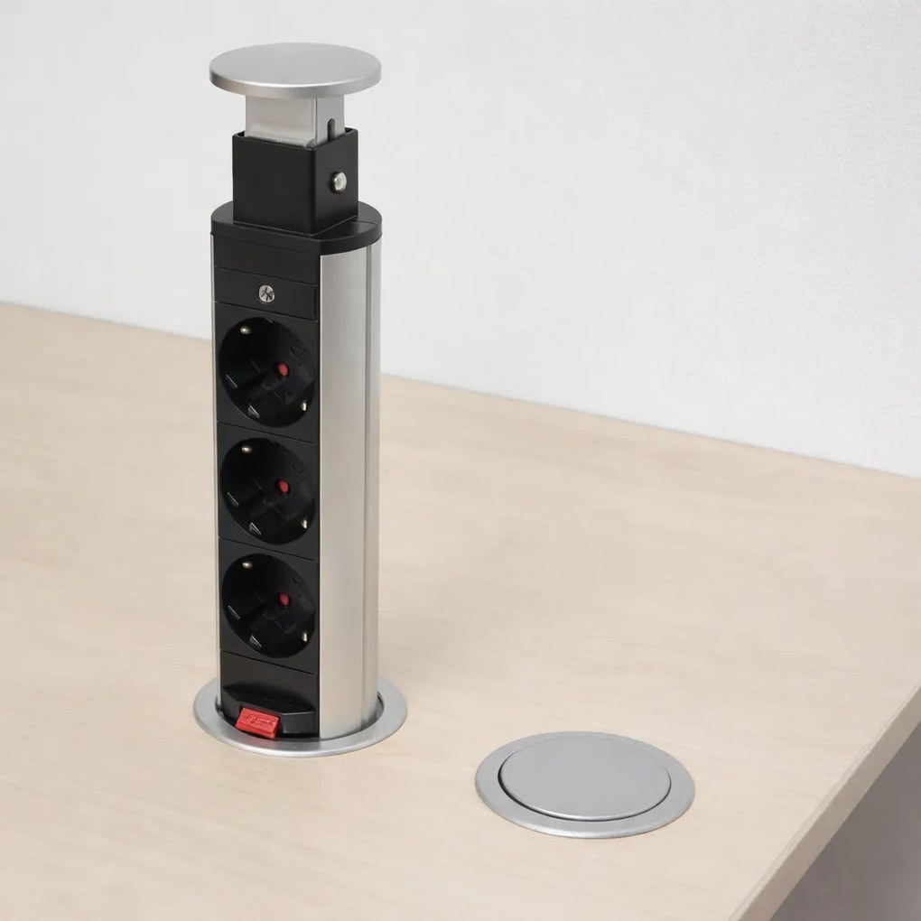 Priză încorporabilă în blat Lift Box Design Light, 3 prize Schuko, aluminiu, D:71 mm Plastic, D:71 mm; H:285 mm