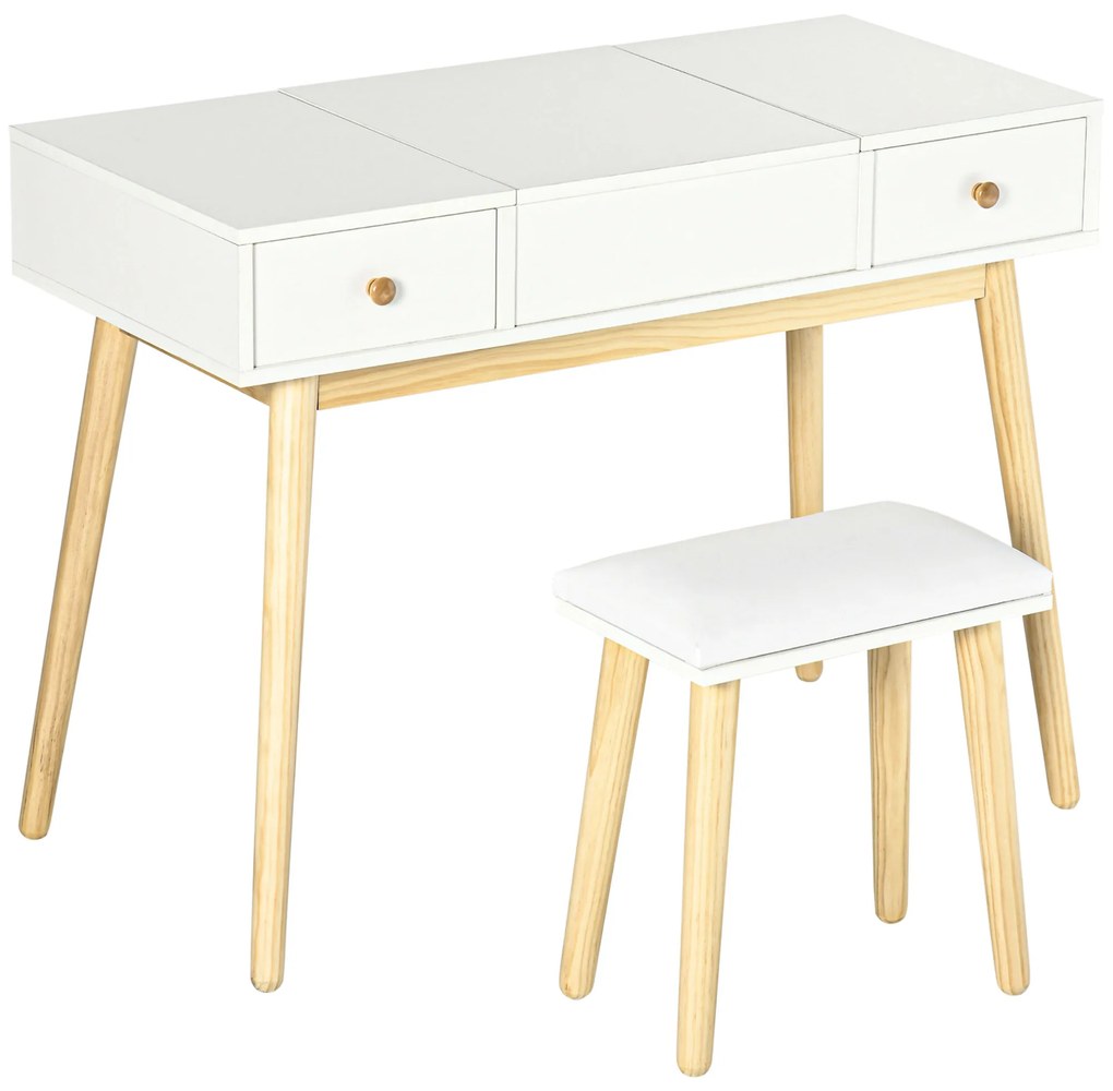 HOMCOM Set coafatoare cu taburet mirror rabatabil stil scandinav 2 sertare 100 x 45 x 118 cm, alb | Aosom Romania